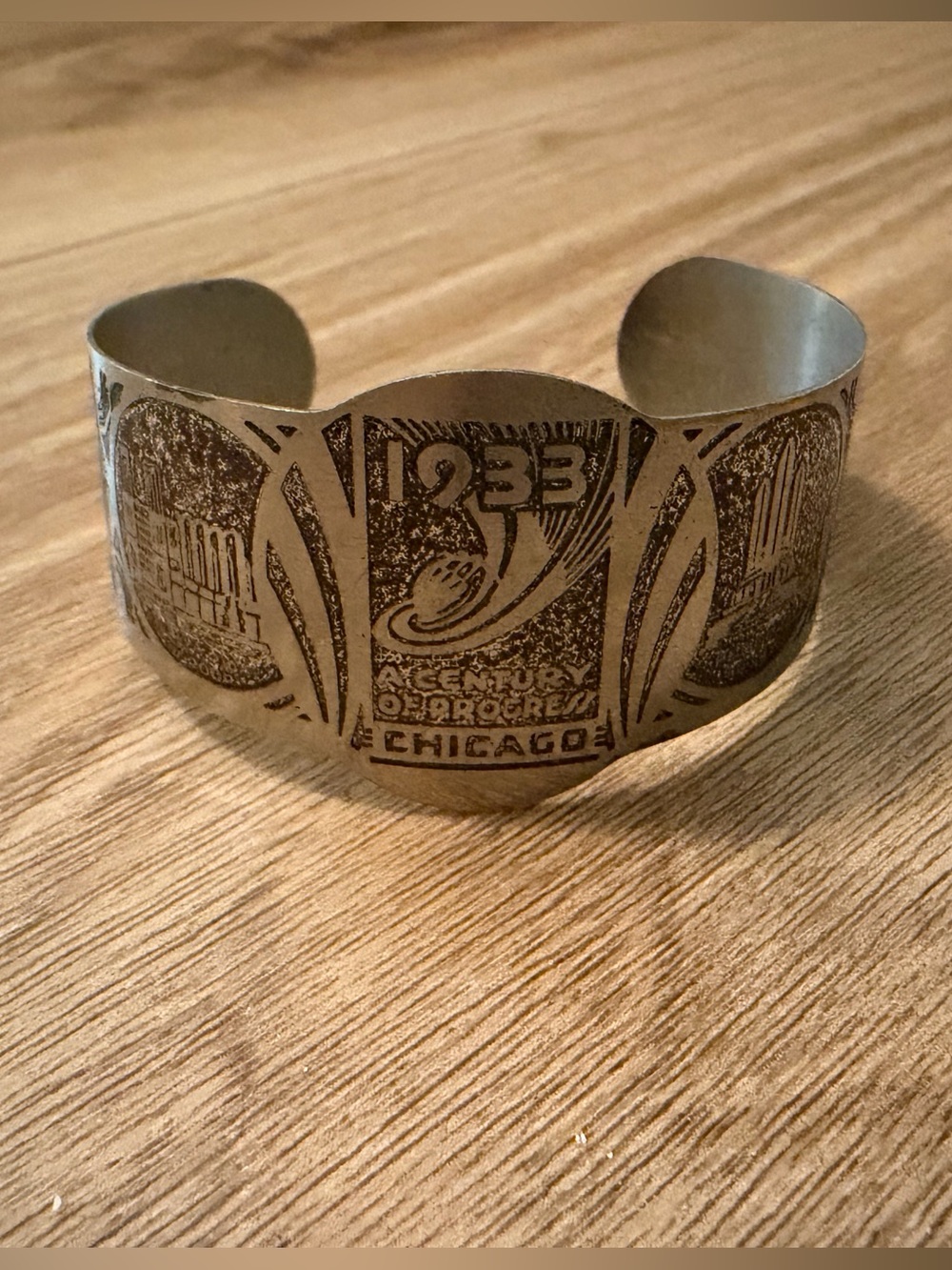 Vintage Silver Tone 1933 Chicago World Fair A Century of Progress Bracelet Cuff